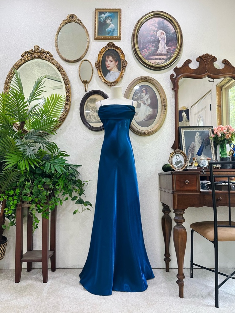 Betsy & Adam Off-Shoulder Satin Midi Dress in Teal Blue